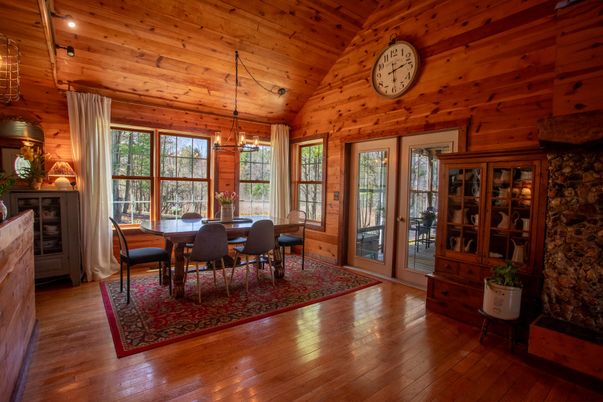 Dining room, Interior, Pendant Lights, Wooden Ceilings, Wood Texture Flooring, Wooden Walls