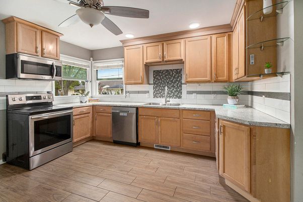 Interior, Kitchen, Recessed Lighting, Stainless Steel Appliances, Wood Texture Flooring