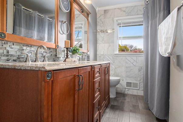 Bathroom, Interior, Marble Walls, Wood Texture Flooring
