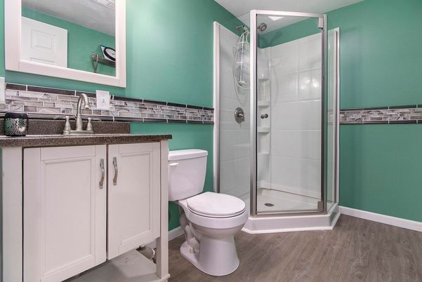 Bathroom, Glass Shower, Interior, Wood Texture Flooring
