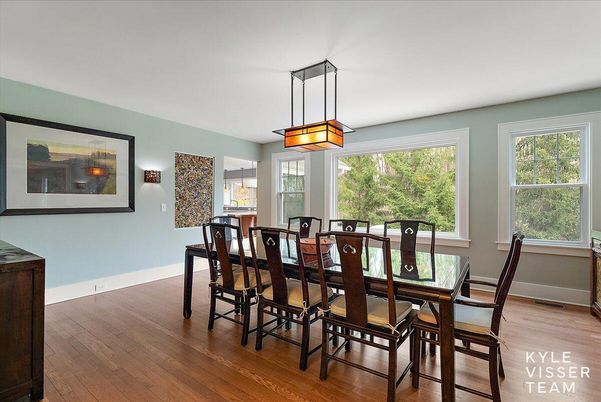 Dining room, Interior, Pendant Lights, Wood Texture Flooring