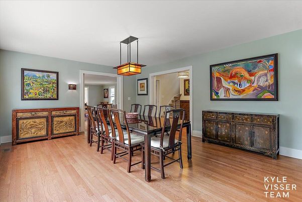 Dining room, Interior, Pendant Lights, Wood Texture Flooring