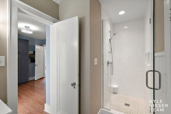 Bathroom, Glass Shower, Interior, Recessed Lighting, Wood Texture Flooring