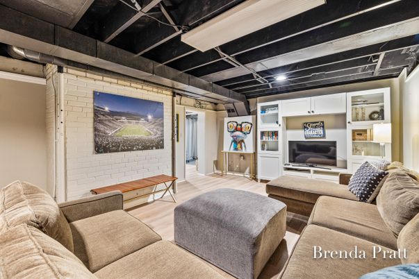 Interior, Living room, Recessed Lighting, Stone Walls, Wood Texture Flooring
