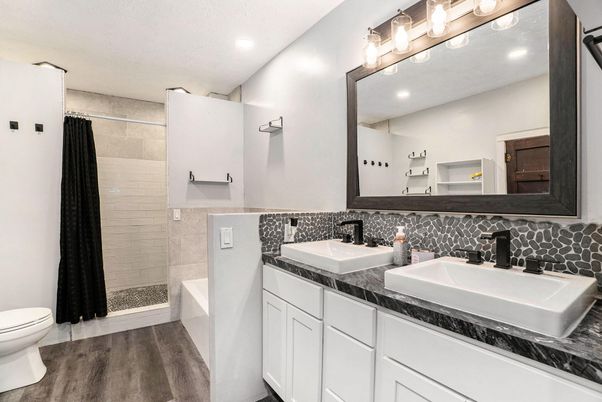 Bathroom, Dual Sink Vanities, Interior, Recessed Lighting, Wood Texture Flooring