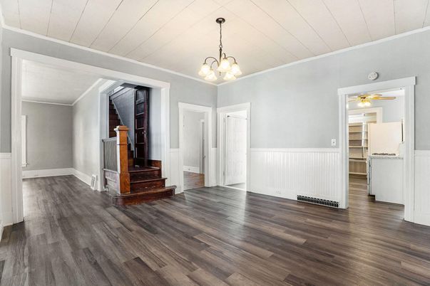 Chandelier, Empty room, Interior, Pendant Lights, Wood Texture Flooring