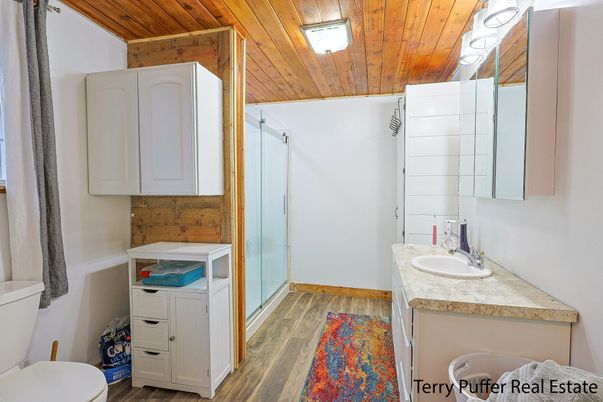 Bathroom, Interior, Tile Countertops, Wooden Ceilings, Wood Texture Flooring