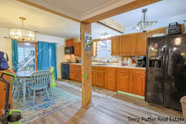 Dining room, Interior, Kitchen, Pendant Lights, Wood Texture Flooring