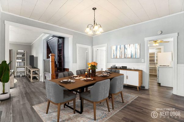 Chandelier, Dining room, Interior, Wood Texture Flooring