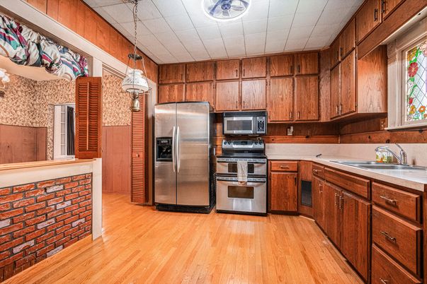 Interior, Kitchen, Pendant Lights, Stainless Steel Appliances, Wood Texture Flooring