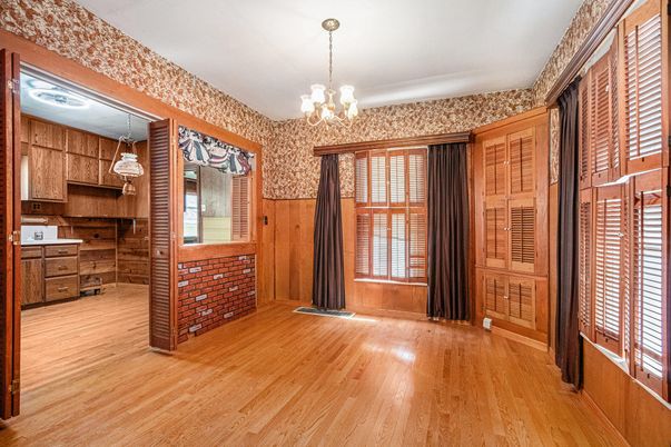 Chandelier, Empty room, Interior, Kitchen, Pendant Lights, Wood Texture Flooring