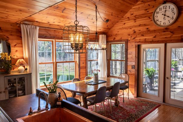 Dining room, Interior, Pendant Lights, Wooden Ceilings, Wood Texture Flooring, Wooden Walls