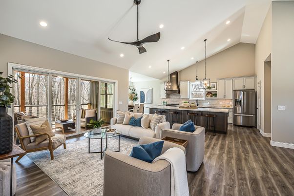 Interior, Kitchen, Living room, Pendant Lights, Recessed Lighting, Stainless Steel Appliances, Wood Texture Flooring
