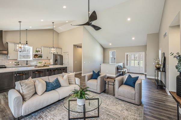Interior, Kitchen, Living room, Pendant Lights, Recessed Lighting, Wood Texture Flooring