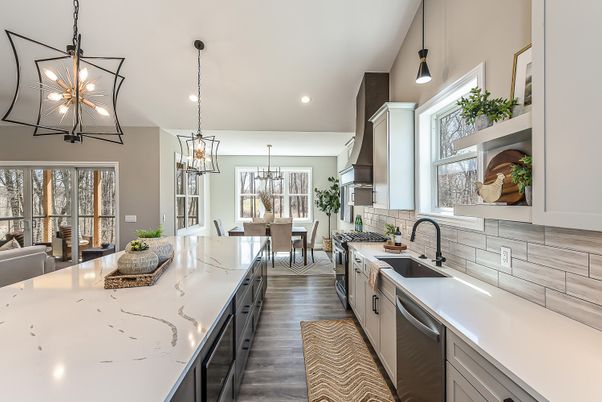 Chandelier, Dining room, Interior, Kitchen, Pendant Lights, Recessed Lighting, Stainless Steel Appliances, Wood Texture Flooring