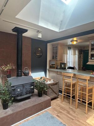 Fireplace, Interior, Kitchen, Wood Texture Flooring