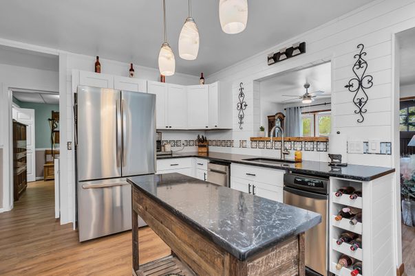Interior, Kitchen, Pendant Lights, Stainless Steel Appliances, Wood Texture Flooring