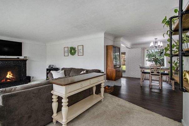 Chandelier, Dining room, Fireplace, Interior, Living room, Wood Texture Flooring