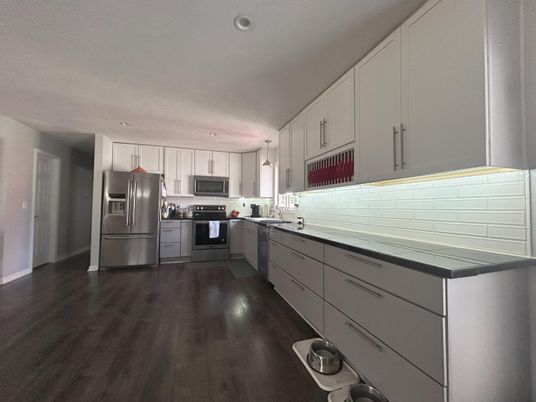 Interior, Kitchen, Recessed Lighting, Stainless Steel Appliances, Wood Texture Flooring