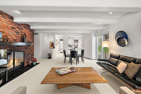 Dining room, Fireplace, Interior, Living room, Recessed Lighting, Stone Walls