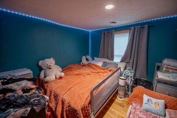Bedroom, Interior, Recessed Lighting, Wood Texture Flooring