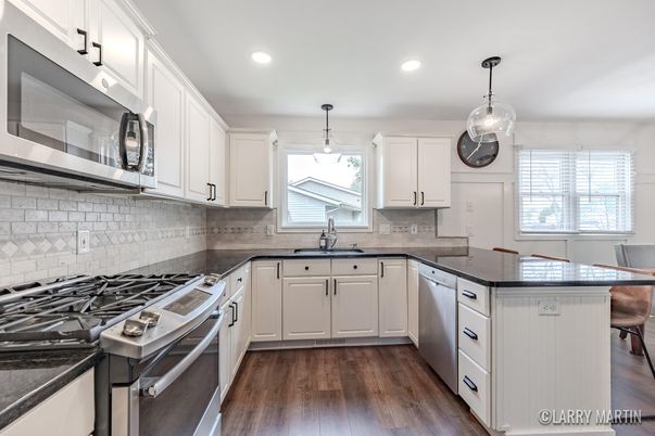 Interior, Kitchen, Pendant Lights, Recessed Lighting, Stainless Steel Appliances, Wood Texture Flooring
