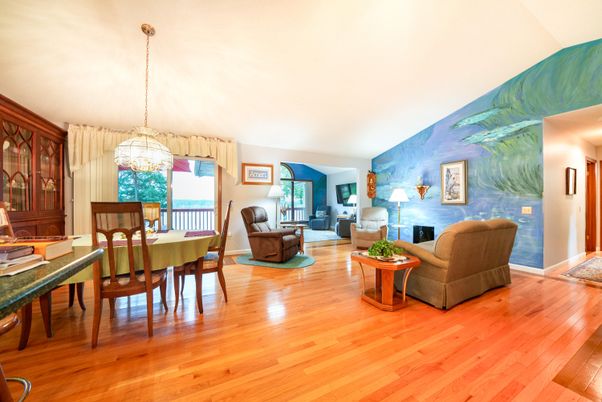 Dining room, Interior, Living room, Pendant Lights, Wood Texture Flooring