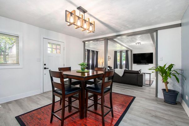 Dining room, Interior, Living room, Pendant Lights, Wood Texture Flooring