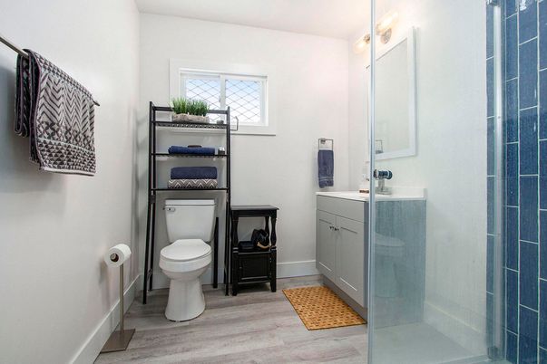 Bathroom, Glass Shower, Interior, Wood Texture Flooring
