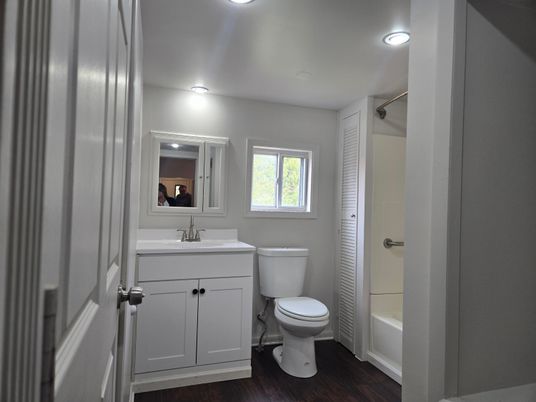 Bathroom, Interior, Recessed Lighting, Wood Texture Flooring