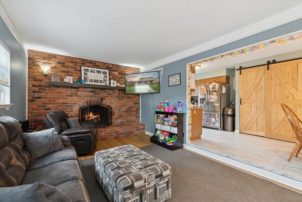 Fireplace, Interior, Living room, Stone Walls, Wood Texture Flooring