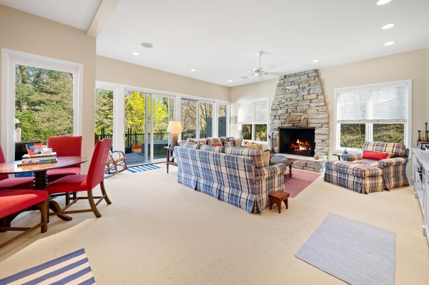 Dining room, Fireplace, Interior, Living room, Recessed Lighting, Stone Walls