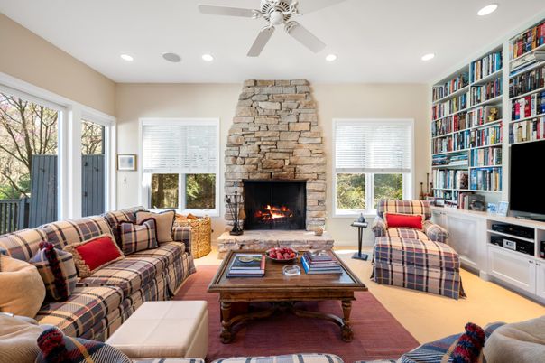 Fireplace, Interior, Living room, Recessed Lighting, Stone Walls