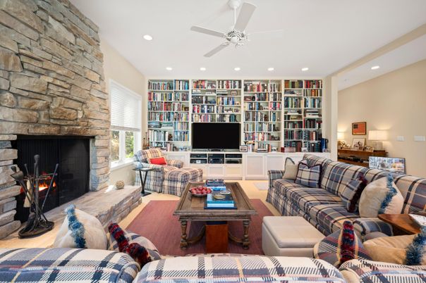 Fireplace, Interior, Living room, Recessed Lighting, Stone Walls