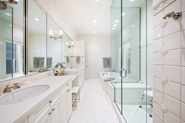 Bathroom, Dual Sink Vanities, Glass Shower, Interior, Recessed Lighting