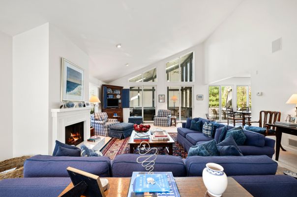 Dining room, Fireplace, Interior, Living room, Recessed Lighting, Wood Texture Flooring