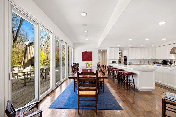 Dining room, Interior, Kitchen, Recessed Lighting, Stainless Steel Appliances, Wood Texture Flooring