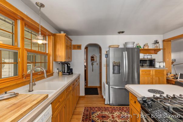 Interior, Kitchen, Pendant Lights, Stainless Steel Appliances, Wood Texture Flooring