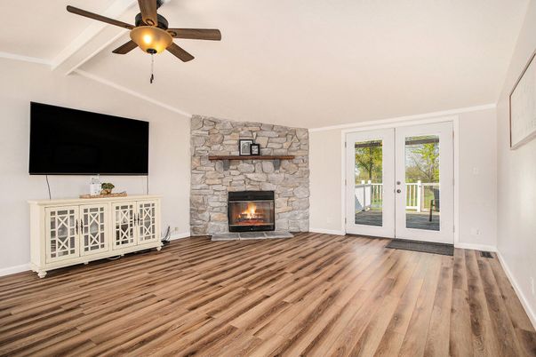 Empty room, Fireplace, Interior, Stone Walls, Wood Texture Flooring