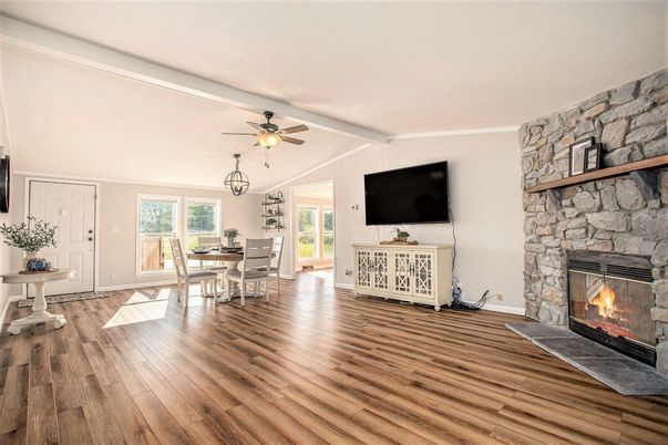 Dining room, Fireplace, Interior, Stone Walls, Wood Texture Flooring