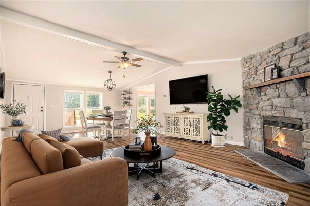 Dining room, Fireplace, Interior, Living room, Stone Walls, Wood Texture Flooring