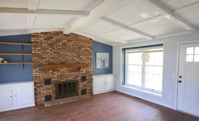 Empty room, Fireplace, Interior, Stone Walls, Wood Texture Flooring