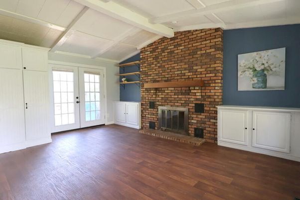 Empty room, Fireplace, Interior, Stone Walls, Wood Texture Flooring