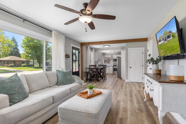 Dining room, Interior, Living room, Recessed Lighting, Wood Texture Flooring