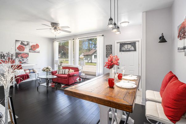 Dining room, Interior, Living room, Pendant Lights, Wood Texture Flooring