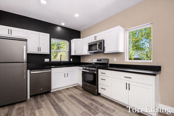 Interior, Kitchen, Recessed Lighting, Stainless Steel Appliances, Wood Texture Flooring