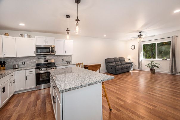 Interior, Kitchen, Pendant Lights, Recessed Lighting, Stainless Steel Appliances, Wood Texture Flooring