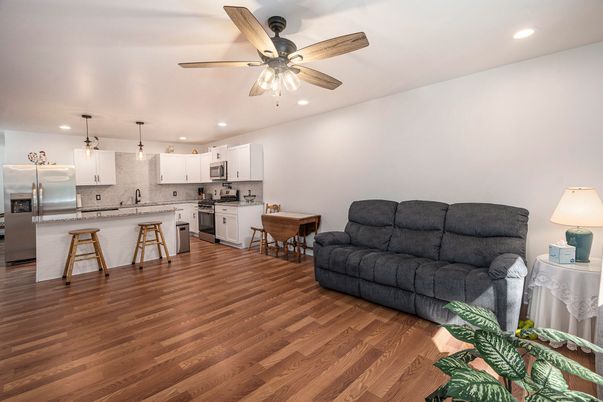 Dining room, Interior, Kitchen, Pendant Lights, Recessed Lighting, Stainless Steel Appliances, Wood Texture Flooring