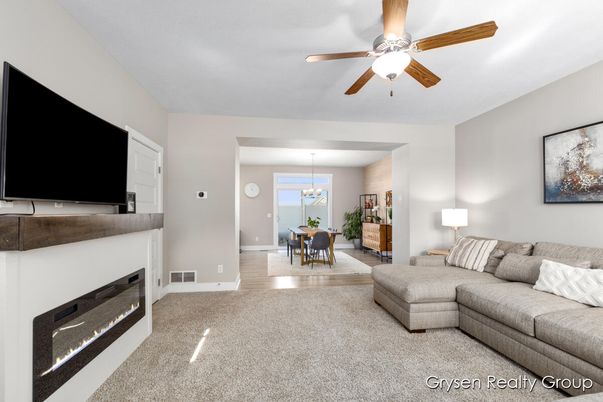 Dining room, Fireplace, Interior, Living room, Pendant Lights
