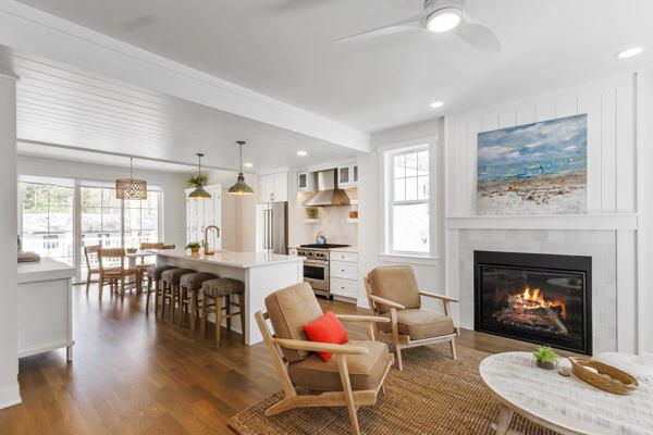 Dining room, Fireplace, Interior, Kitchen, Living room, Pendant Lights, Recessed Lighting, Stainless Steel Appliances, Wood Texture Flooring